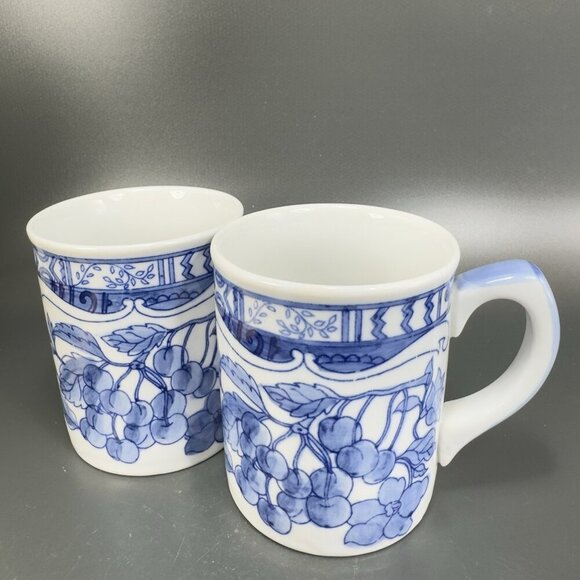 1995 Jardin Blue Cardinal Ceramic Coffee Mug Cup Set 2 Blue White Fruit Cherry - Picture 15 of 15